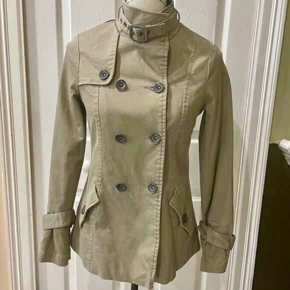 Y2K OAKLEY TRENCH COAT KHAKI SZ XS PEA COAT MILITARY STYLE VERSATILE AESTHETIC - Picture 13 of 16